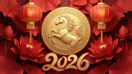 The symbol of the new year 2026 is a golden horse on a red traditional Chinese background with the inscription "Happy New Year"