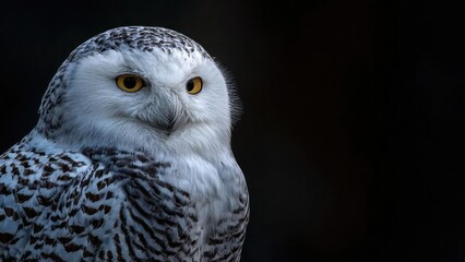 Close-up of a snowy owl with bright yellow eyes and white, speckled plumage against a dark background. Concept Winter wildlife close-up, Snowy owl details, Bright yellow eyes, White speckled plumage