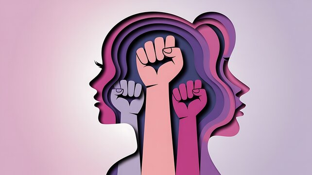 Powerful women empowerment illustration with layered paper-cut silhouettes and raised fists symbolizing strength, unity, and gender equality