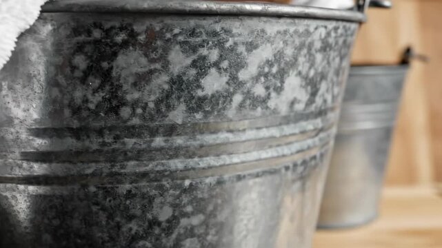 White fluffy towel draped over galvanized metal bucket against rustic brick background