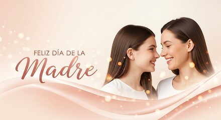 A graceful Mother’s Day banner designed with soft rose-gold gradients and delicate champagne lighting around the mother and daughter’s faces as they smile warmly at each other.