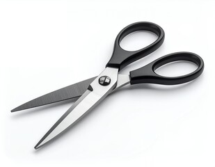Obraz premium Sharp Metal Scissors with Black Handles on a Clean White Background.