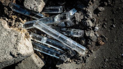 Long clear quartz crystals scattered in dark volcanic ash. Concept Quartz crystals on dark ash, Moody volcanic mineral photos, Crystal shards in ash bed, Geologic texture portrait
