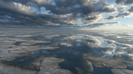 A vast salt flat with cracked crust and shallow reflective pools mirroring a dramatic cloudy sky. Concept Salt flat landscape, Cracked salt crust, Reflective pools, Dramatic cloudy sky