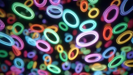 Fototapeta premium Colorful glowing neon rings floating in a dark background. Concept Neon glowing rings floating in a dark background, Abstract light sculpture with colorful circular rings