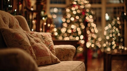 Cozy living room with a floral-patterned sofa and warm, blurred Christmas tree lights in the background. Concept Cozy living room with floral-patterned sofa, Warm