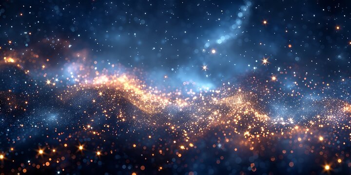 Panoramic view of a deep space nebula with glowing celestial bodies and stars - Powered by Adobe