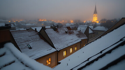 Winter cityscape featuring snow-covered rooftops, a tall church spire, and warm lights piercing through the misty dusk. The scene evokes a sense of calm and serene beauty.