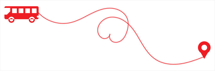 Romantic Travel Route Illustration with Bus and Pin. Minimal red bus graphic following a heart-shaped dotted path toward a destination pin, symbolizing love, journey, adventure, and travel planning.