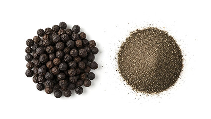 Whole black peppercorns and ground pepper in a pile on a white background, top view of spices