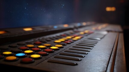 Futuristic control panel with colorful illuminated buttons and keyboard elements under a deep starry night sky