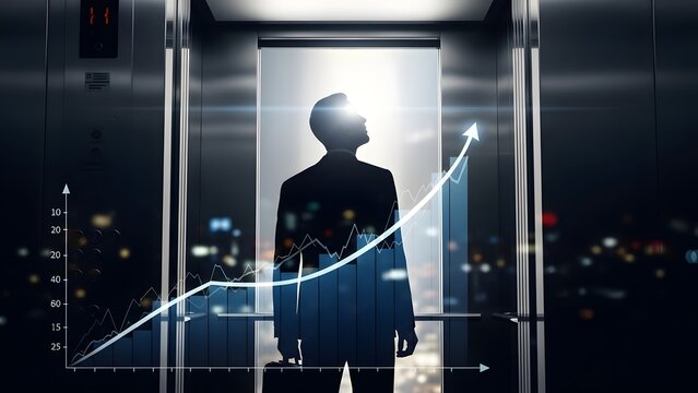 Business man silhouette in elevator, storytelling of upward mobility