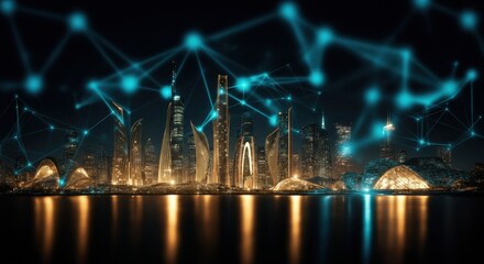 Fototapeta premium City skyline at night with glowing network lines linking illuminated modern buildings
