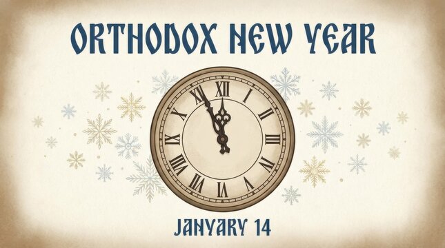 bold orthodox new year horizontal poster template illustration template featuring clock near midnight with gentle snowflakes on light neutral background with subtle vignette
