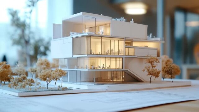 Architectural Dreamscape: A meticulously crafted scale model of a modern building sits poised amidst architectural blueprints.