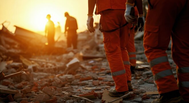 Rescue workers in bright orange gear survey rubble at a sunlit disaster site