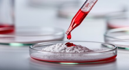 Dropper releases red liquid onto powder in a laboratory petri dish for analysis