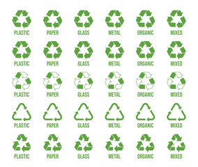 Garbage segregation. Waste separate, classification and recycling for different types of waste - plastic, paper, glass, metal, organics and others