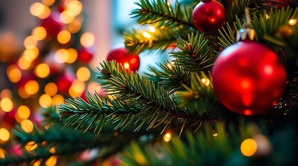 Ultra-realistic illustration of a beautifully decorated Christmas tree, vibrant green and red hues, glowing fairy lights, bokeh effect, close-up detail