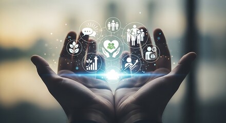 Open hands present a luminous hologram featuring people-centered icons such as communication, support, community, personal growth, and human resources development.