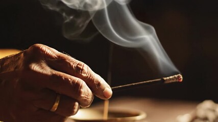 An aged hand with a gold ring holds a smoldering incense stick with white smoke rising against a dark background
