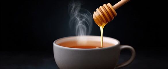Honey slowly pouring into a warm mug of soothing tea drink.