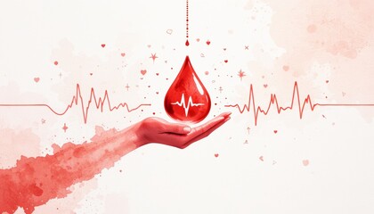 watercolor illustration of a blood drop carefully holding by a hand in clinical background. National Blood Donor Month, perfect for health campaigns, hospitals, blood donation centers, social media