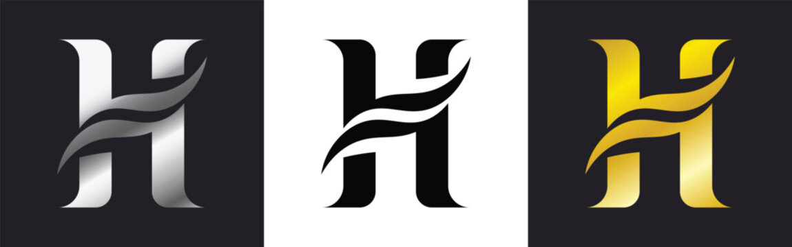 luxury letter h logo icon set in gold silver and black with modern wave design