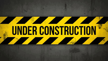 Under Construction Sign: Yellow-Black Diagonal Border with Bold Text on Dark Industrial Background for Website UI and Maintenance Visual Storytelling