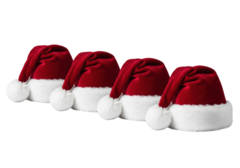 four pristine traditional santa hats made of crimson velvet and thick white faux fur, staggered on a transparent background, high-key studio light. christmas luxury concept