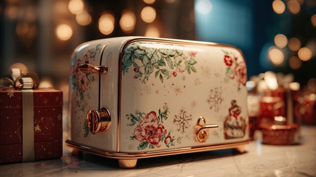 A festive toaster oven with a Christmas decal,