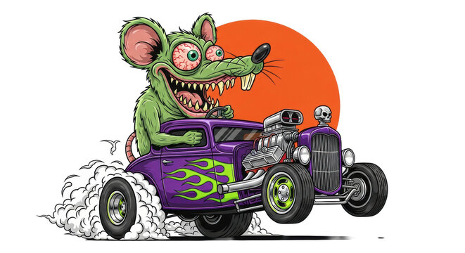 Grotesque, green rat monster with sharp teeth driving a purple flaming 1930s hot rod performing a smoking burnout against a stark white background and orange circle, kustom kulture art concept