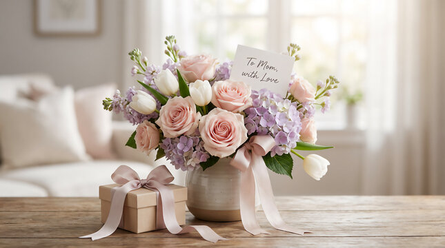 Mother's Day Floral Gift Background with Spring Flowers and Pink Ribbons — Elegant Seasonal Background Photography - Powered by Adobe