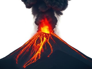 Spectacular eruption of the fuego volcano with lava flows isolated on white background