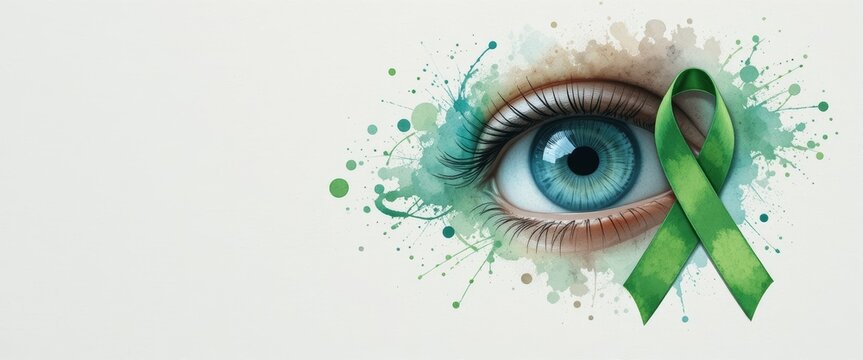World glaucoma day awareness with green ribbon and eye symbol on radiant illustration background for health campaigns and educational designs free for copy space. vision protection, medical education