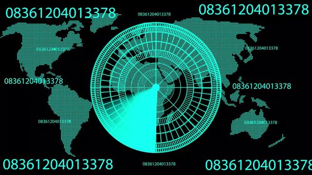 Abstract neon radar animated blue, green in dark background. Radar Navigation is looking for objects. Searching process in animated radar Hud interface technology scanning digital background.