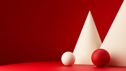 Obraz premium A minimalist composition with geometric forms: cones in soft tones against a deep red backdrop, and spheres in red and off-white for contrast. A study in shape and color.