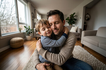 Father holding his young son in a loving embrace, both with closed eyes, sharing a deeply affectionate and tender moment in their cozy living room, symbolizing family bonding and connection