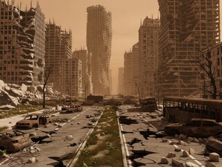 Post apocalyptic city street with destroyed buildings and abandoned vehicles