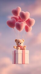 Festive Valentine's Day background with a gift box and heart-shaped balloons