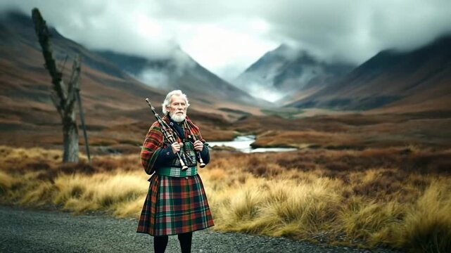 Senior Scottish man wrapped in tartan, holding bagpipes with a stoic expression, standing against dramatic Highland mountain scenery