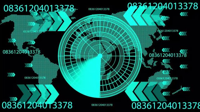 Radar screen animation on map background. Signal transmitted sonar radar .Radar point to detect enemy position. Technology world map radar screen animation.  