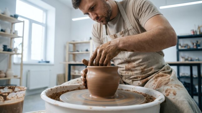 the artisan shaping clay on a spinning pottery wheel - Powered by Adobe