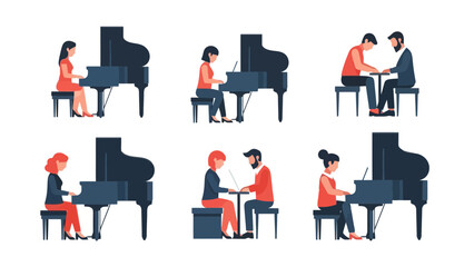 Diverse Group of People Learning and Playing Grand Piano with Laptops for Music Education and Practice