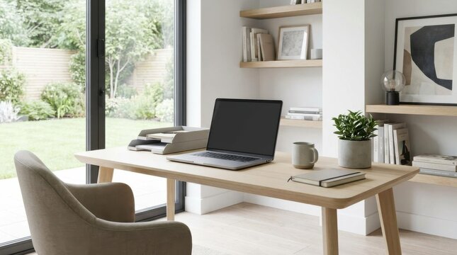 the modern home office workspace with a laptop and organized desk setup - Powered by Adobe