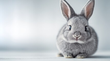 Obraz premium A charming grey bunny rabbit sitting attentively on a clean, minimalist white desk, looking directly frontward towards the viewer with bright, curious eyes
