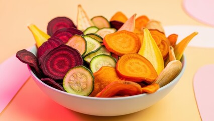 Bowl of colorful vegetable chips in a modern setting. Healthy snack food for a balanced diet. Vegan and natural nutrition concept.