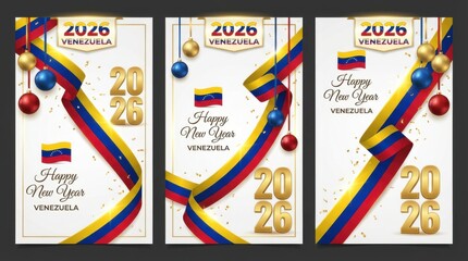 venezuela new year 2026 set of three different vertical posters with waving ribbon in national flag colors