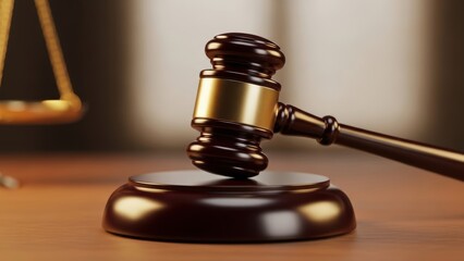 Gavel on a wooden block with blurred scales of justice. Law and justice concept. Symbol of auction, judgment, and legal decision.