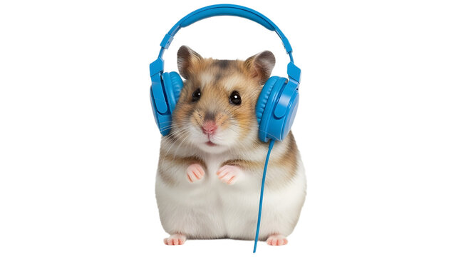 Cute hamster wearing vibrant blue stereo headphones listening to music or a podcast isolated PNG with Transparent Background